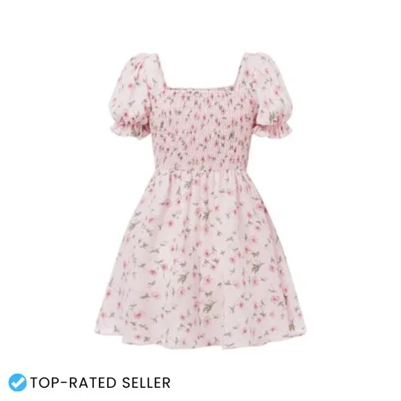 Floral Puff Sleeve Ruched A-Line Boho Flared Dress for Girls Casual Wear - Picture 3 of 4
